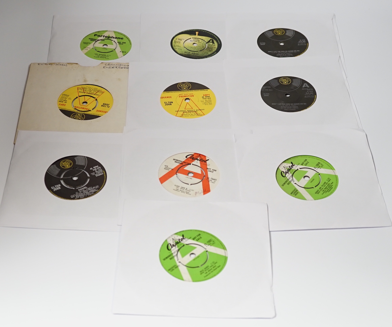 Ten demo 7” singles, all with printed demo labels by The Beatles (and related), Elton John and The Beach Boys, singles include; Lady Madonna, Don’t Let the Sun Go Down on Me, Crocodile Rock, Saturday Night’s Alright For